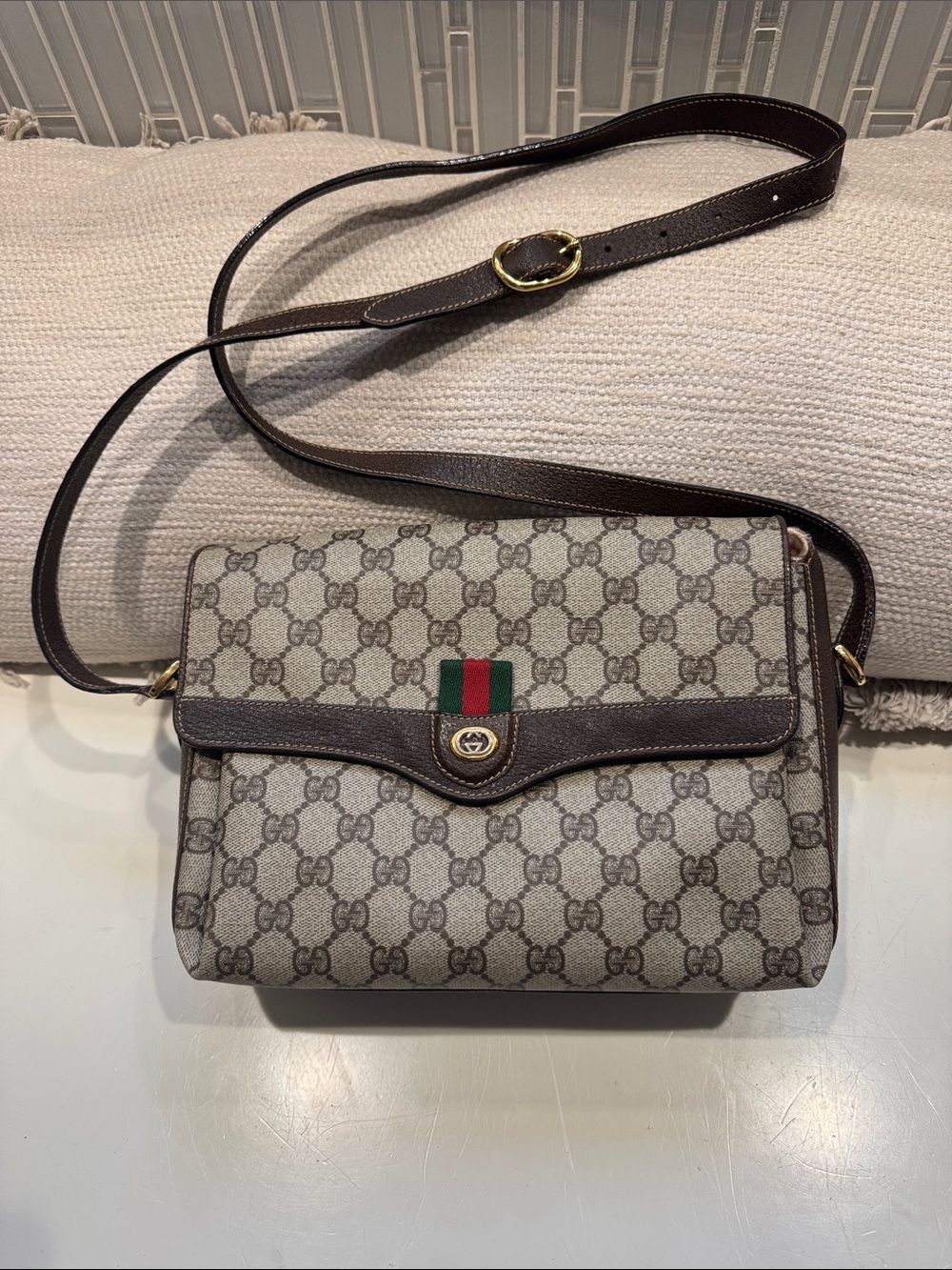 Gucci Beige GG Canvas Crossbody with Brown Leather & Green-Red Web Stripe